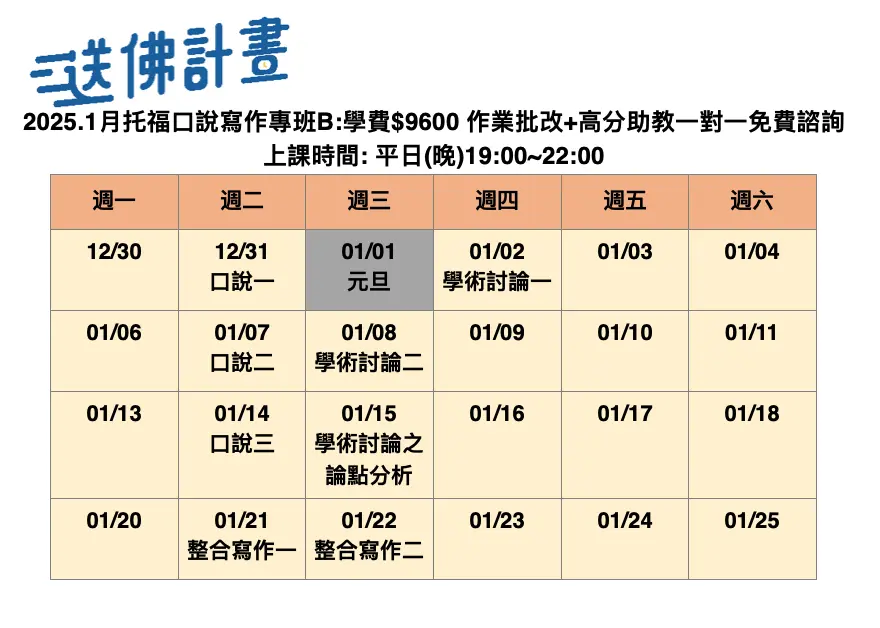 送佛1月托福口說寫作專班