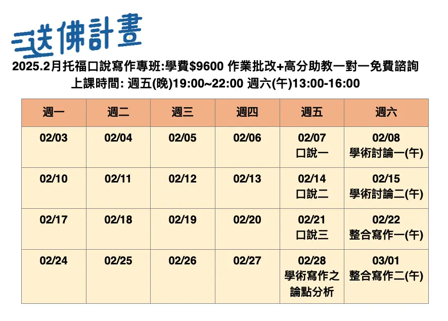 送佛2月托福口說寫作專班